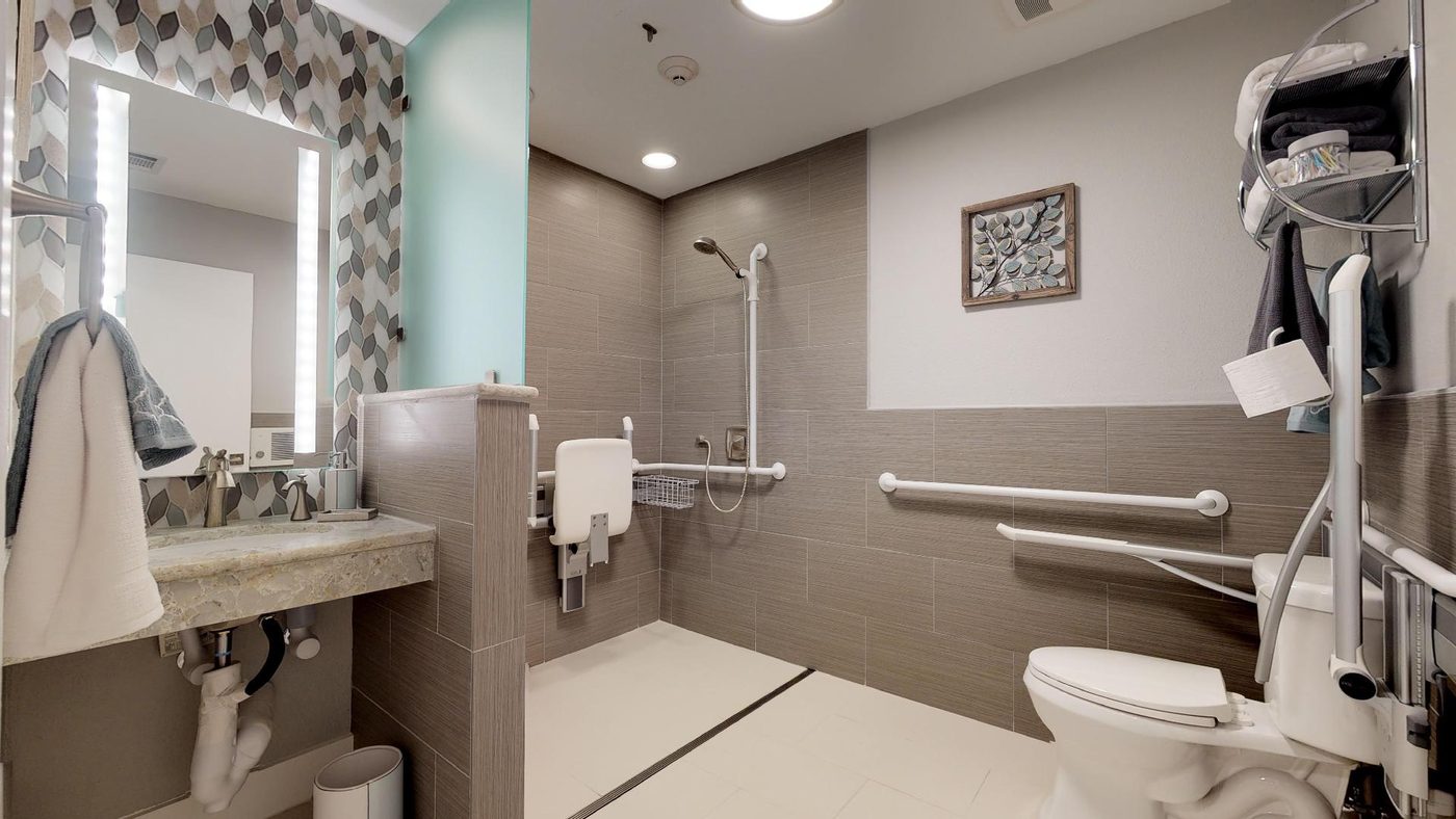 Accessible bathroom with roll-in shower, fold-down seat and grab bars