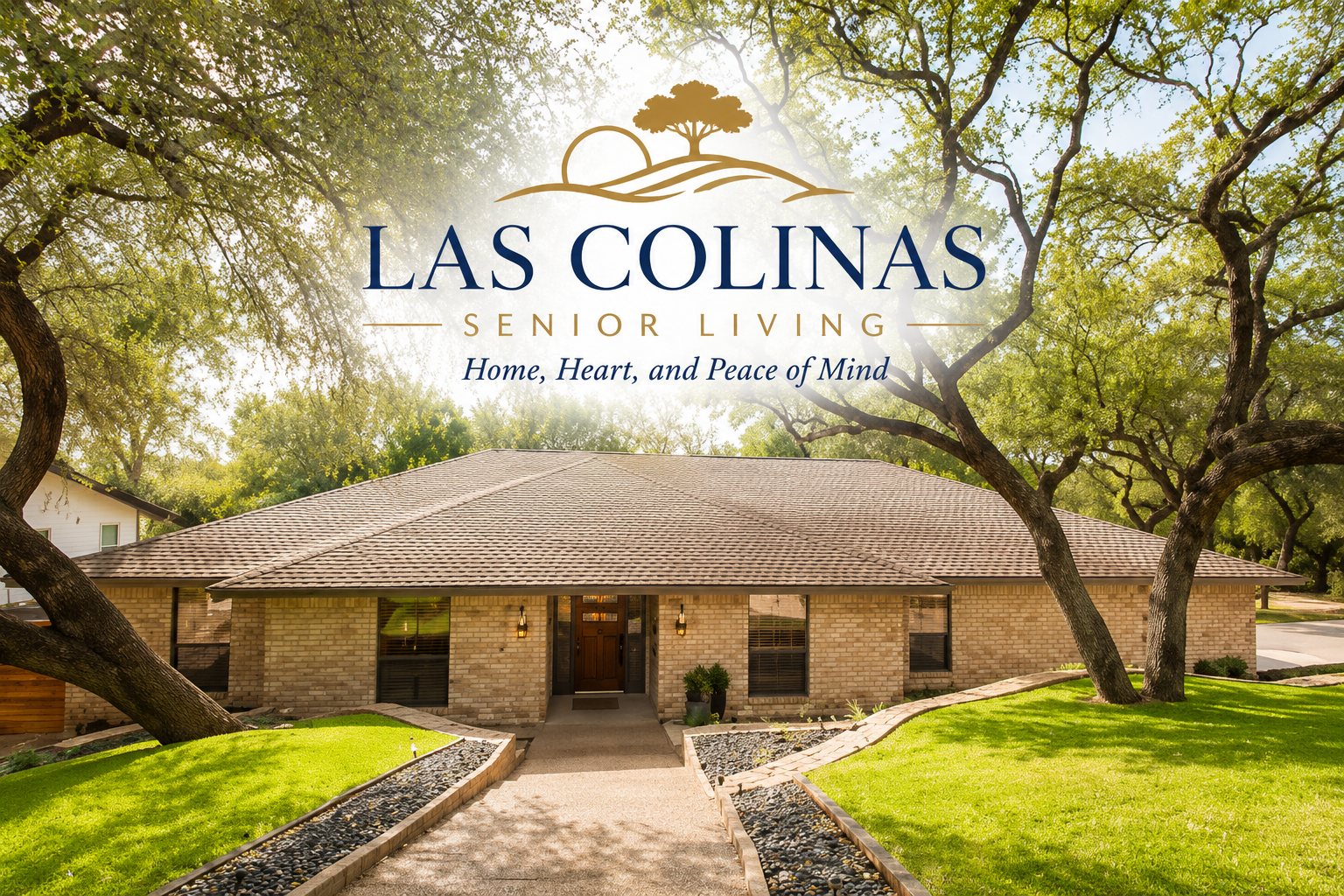 The Las Colinas Senior Living home, a single-story brick house under live oaks, with the Las Colinas logo
