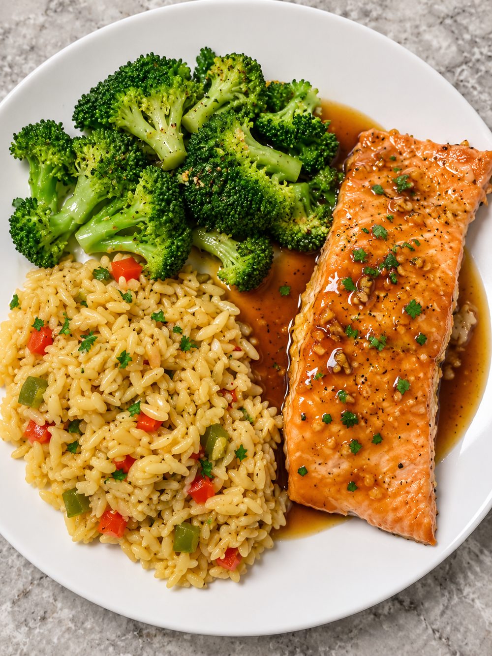 Glazed salmon with broccoli and vegetable orzo