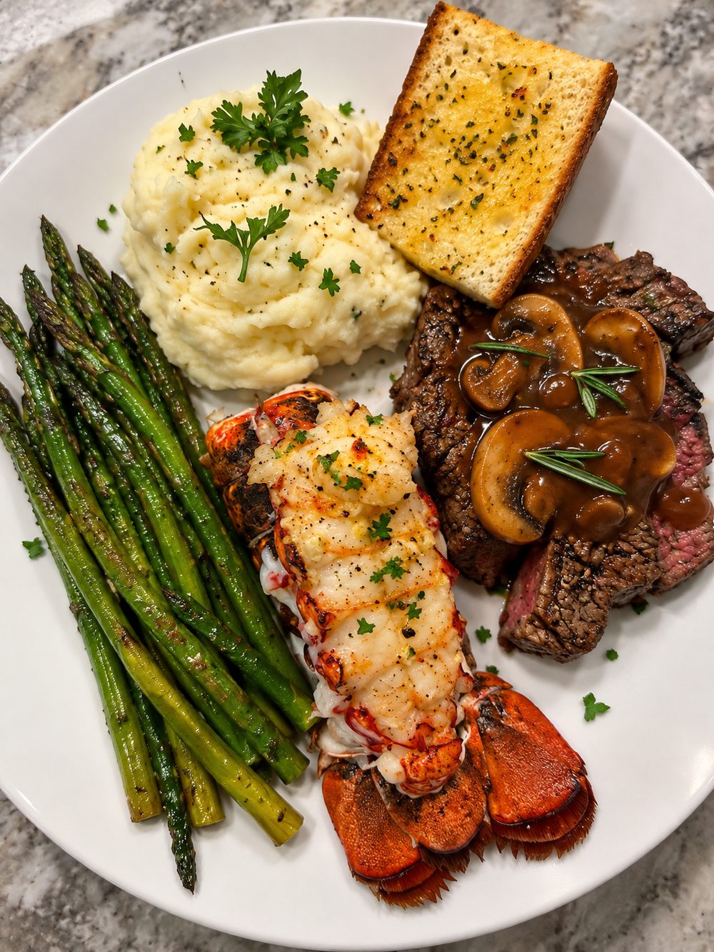 Plated steak with mushroom sauce, lobster tail, asparagus, mashed potatoes and garlic toast